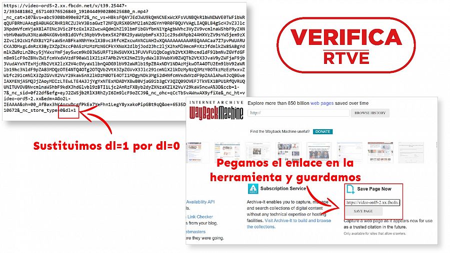 El cuarto paso para guardar un vídeo en WayBack Machine. Con el sello VerificaRTVE en rojo.