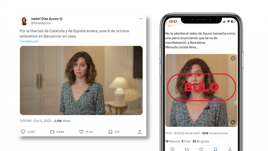 A la izquierda, publicación del vídeo original desde el perfil oficial de X de la presidenta de la Comunidad de Madrid. A la derecha, la publicación de X que difunde el bulo junto al vídeo ralentizado, con sello Bulo en rojo de VerificaRTVE.