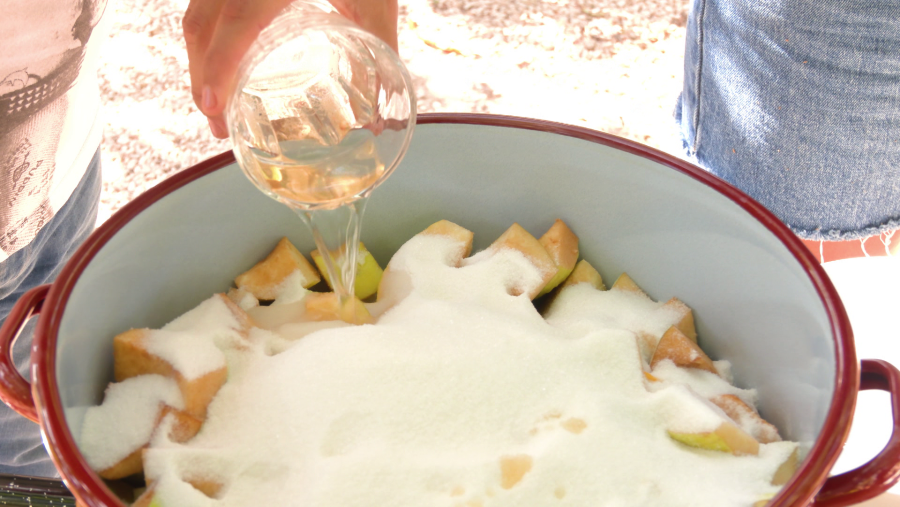 Incorporar el azúcar y ponerlo todo a cocer hasta que se va convirtiendo en una especie de almíbar espeso (removiendo a menudo para que no se pegue)