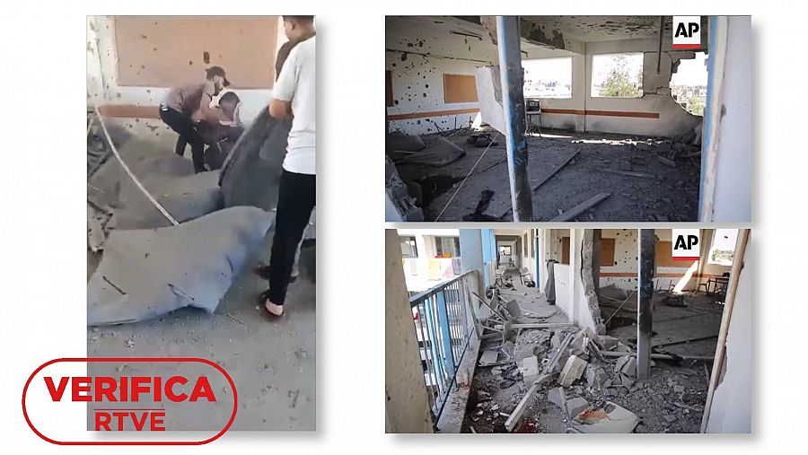 Guerra Israel-Hamás: Imágenes tras los ataques del 17 de octubre que alcanzaron la Escuela de Primaria Abu Hussein de UNRWA en el campo de refugiados de Yabaliya, en Gaza, con el sello VerificaRTVE en color rojo