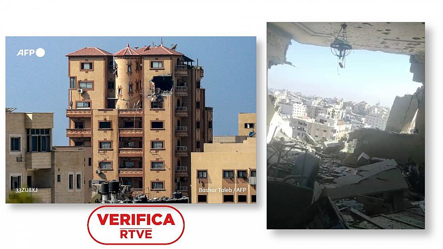 Guerra Israel-Hamás:  Imágenes tras el ataque del 3 de noviembre en la sede de medios de comunicación como AFP o Al Yazira ubicada en la Torre Haji de Ciudad de Gaza, con el sello VerificaRTVE en color rojo