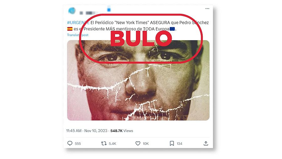 Mensaje de redes que atribuye una declaración falsa al periódico The New York Times, con sello Bulo en rojo de VerificaRTVE.