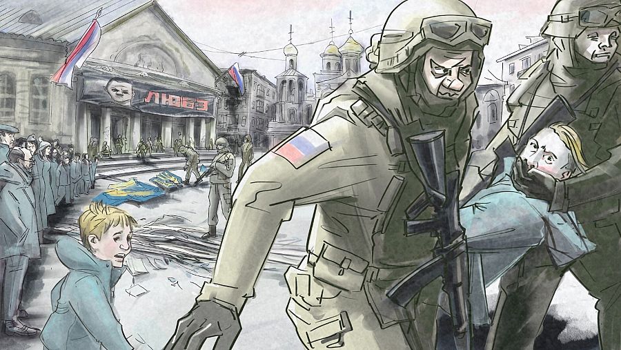 Soldados rusos toman la ciudad donde vive Halyna y retiran los símbolos ucranianos
