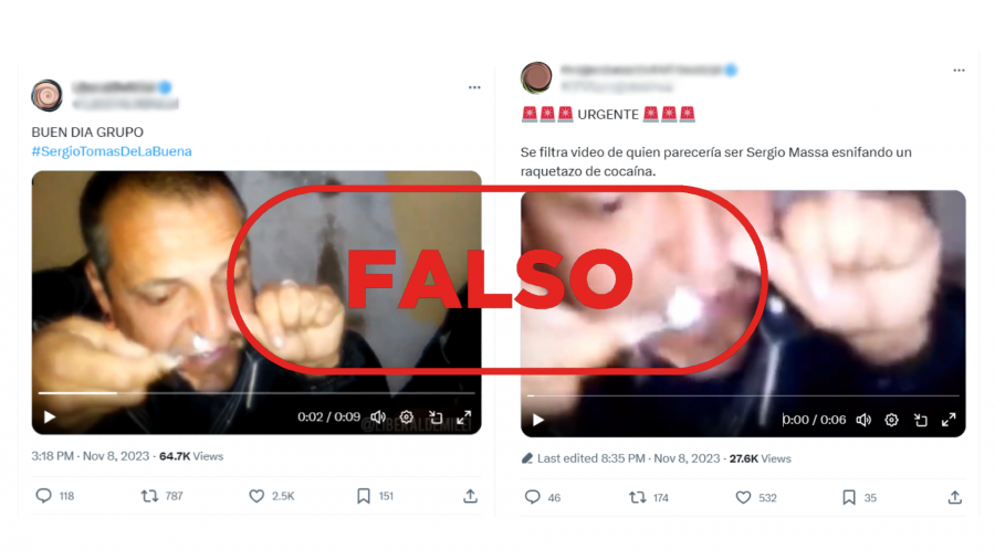Balotaje Elecciones Argentina 2023: mensajes que difunden un vídeo manipulado para transmitir la falsa idea de que Massa se está drogando. Con el sello FALSO en color rojo
