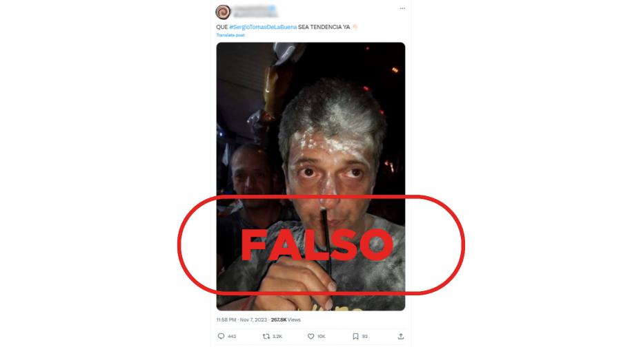 Balotaje Elecciones Argentina 2023: publicación de X que difunde la falsa idea de que Sergio Massa aparece drogado en esta imagen. Con el sello FALSO en color rojo