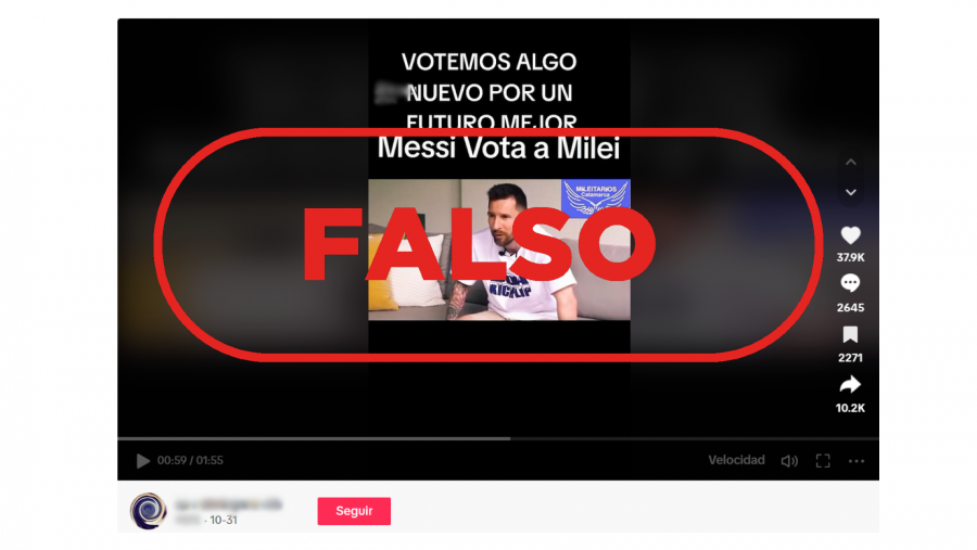 Balotaje Elecciones Argentina 2023: vídeo de TikTok que difunde la falsa idea de que Leo Messi ha pedido el voto para Javier Milei. Con el sello FALSO en color rojo