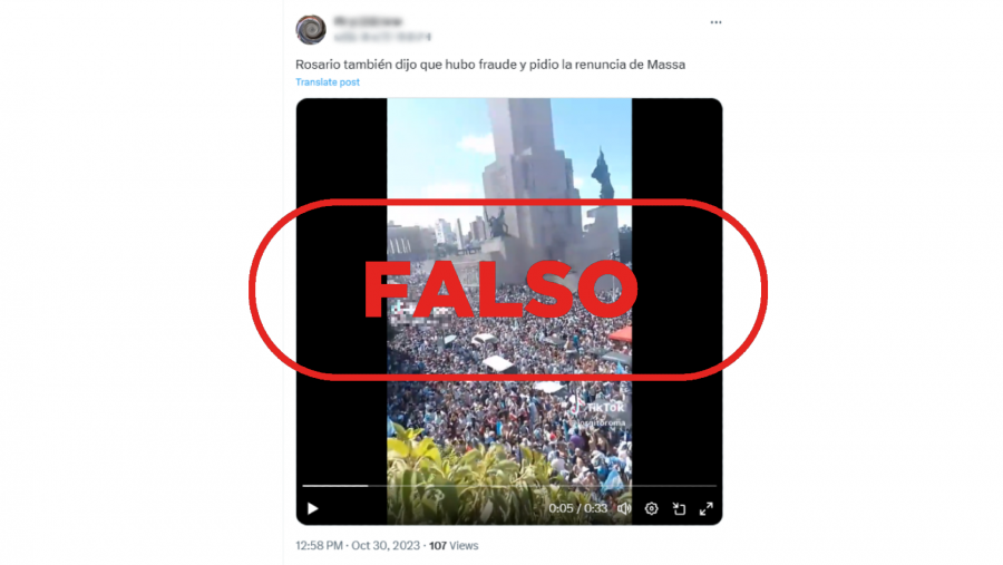 Balotaje Elecciones Argentina 2023: mensaje de redes que difunde un vídeo antiguo y lo presenta como si fuera una marcha en Rosario contra Sergio Massa. Con el sello FALSO en color rojo