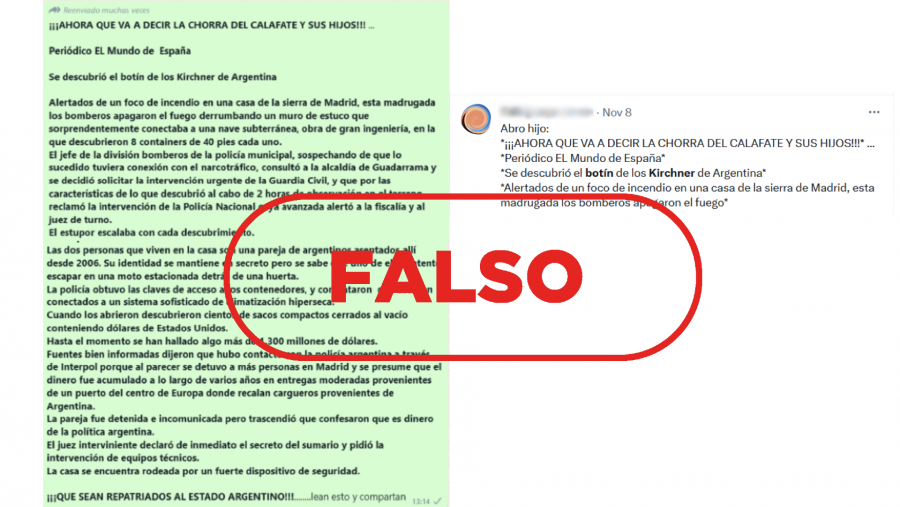 Balotaje Elecciones Argentina 2023:mensaje de WhatsApp que difunde la falsa idea de que el diario El Mundo ha publicado una noticia sobre el descubrimiento del botín de los Kirchner en Madrid. Con el sello FALSO en color rojo