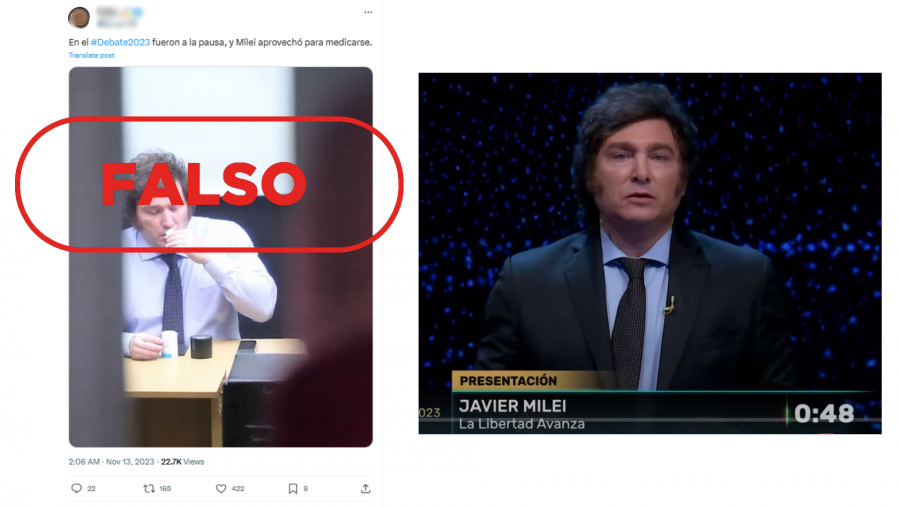 A la izquierda, publicaciones de X que difunden la falsa idea de que Milei tomó medicamentos en el tercer debate presidencial con el sello Falso de VerificaRTVE. A la derecha, imagen de Milei durante el debate donde aparece con una corbata diferente