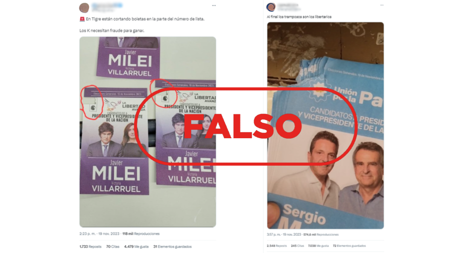 Mensajes de X que difunden la falsa idea de que las papeletas con el número de lista arrancado no son válidas, con el sello Falso de VerificaRTVE en rojo