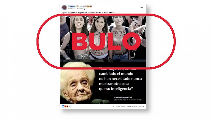 Mensaje en redes que difunde un montaje de Irene Montero, Ione Belarra e Isa Serra, con el sello Bulo en rojo de VerificaRTVE.