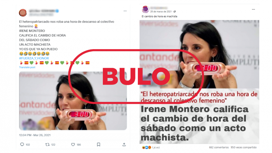 Mensajes de redes sociales que difunden el bulo de que Irene Montero ha dicho que el cambio de hora es 