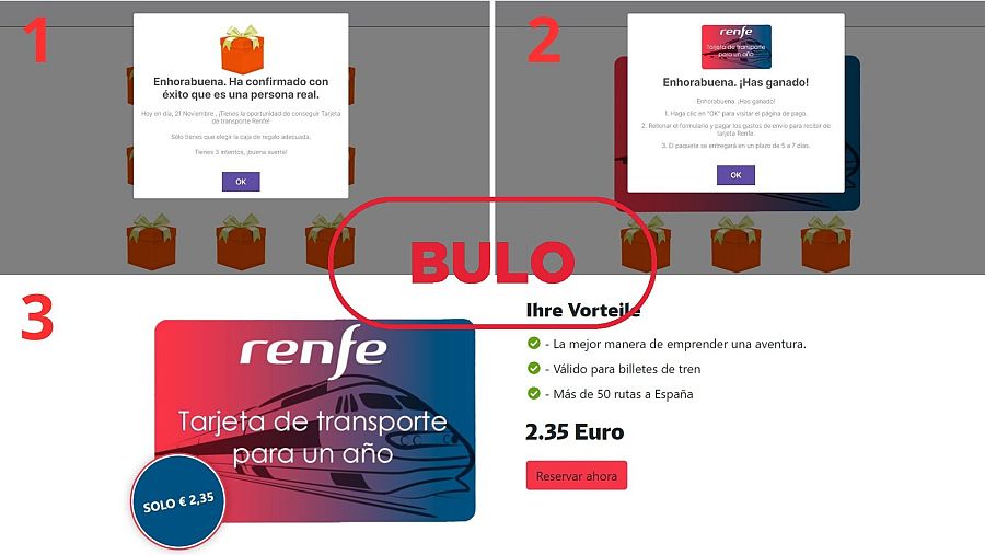 Estafa que suplanta a Renfe y ofrece un sorteo falso para obtener viajes gratis durante un año, con el sello bulo en rojo.