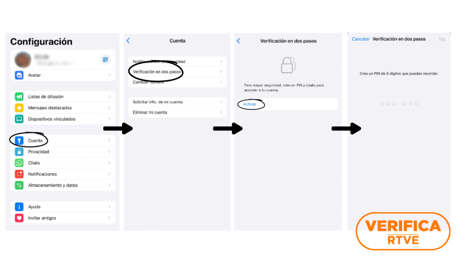 Configuración para activar la verificación en dos pasos en la aplicación de WhatsApp, con el sello de VerificaRTVE en naranja