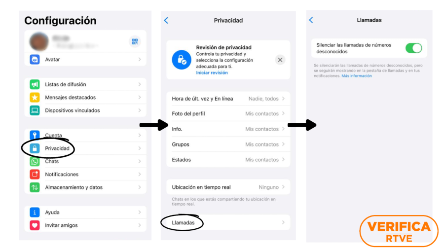 Configuración para silenciar las llamadas de números desconocidos en la aplicación de WhatsApp, con el sello de VerificaRTVE en naranja