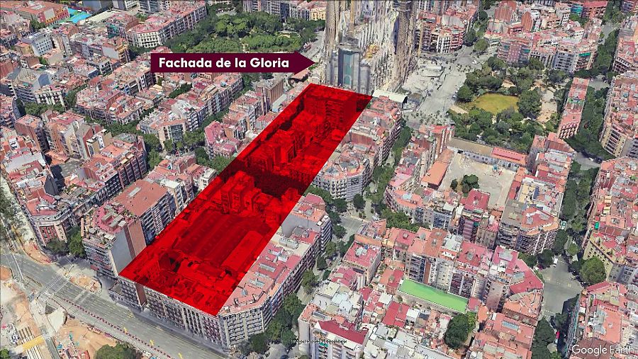 En rojo, la zona afectada por la construcción del Portal de la Gloria