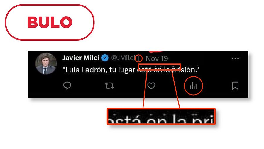 Imagen ampliada del mensaje de Milei en X para mostrar que se trata de un montaje. Con el sello bulo en rojo.