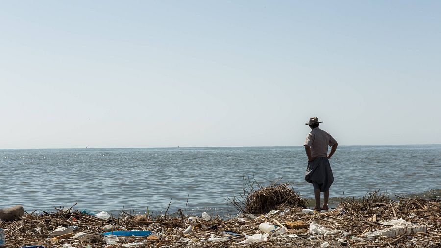 Una persona camina por la orilla de la desembocadora de un gran río.