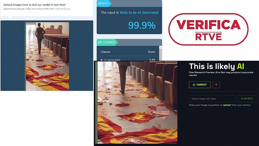 Capturas de herramientas de detección de contenido generado con IA con sello VerificaRTVE en rojo