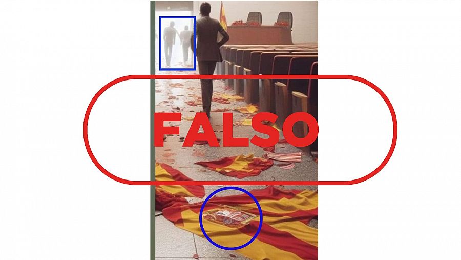 Imagen falsa con los fallos rodeados en azul con sello Falso de VerificaRTVE en rojo