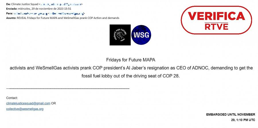 COP 28: correo en el que Fridays For Future MAPA y WeSmellGas revelan que 