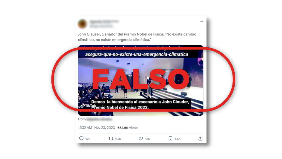 Mensaje de X difundiendo la falsa idea de que no existe el cambio climático. Con el sello FALSO en color rojo