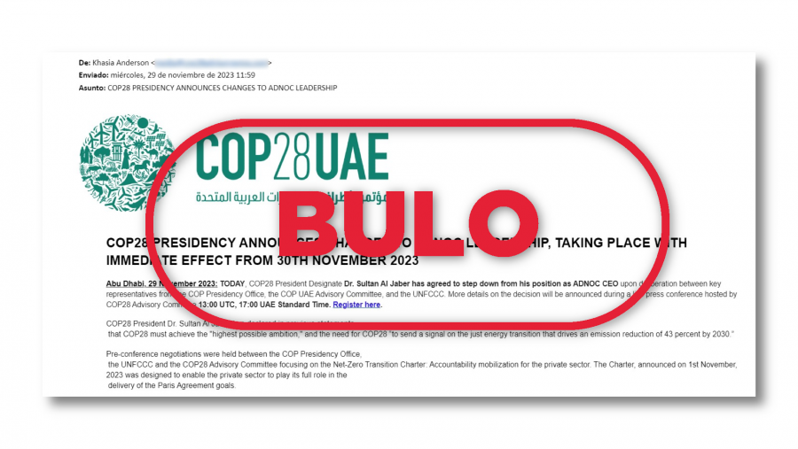 COP28: El presidente de la Cumbre no ha dimitido como directivo de una petrolera. Con el sello BULO en color rojo