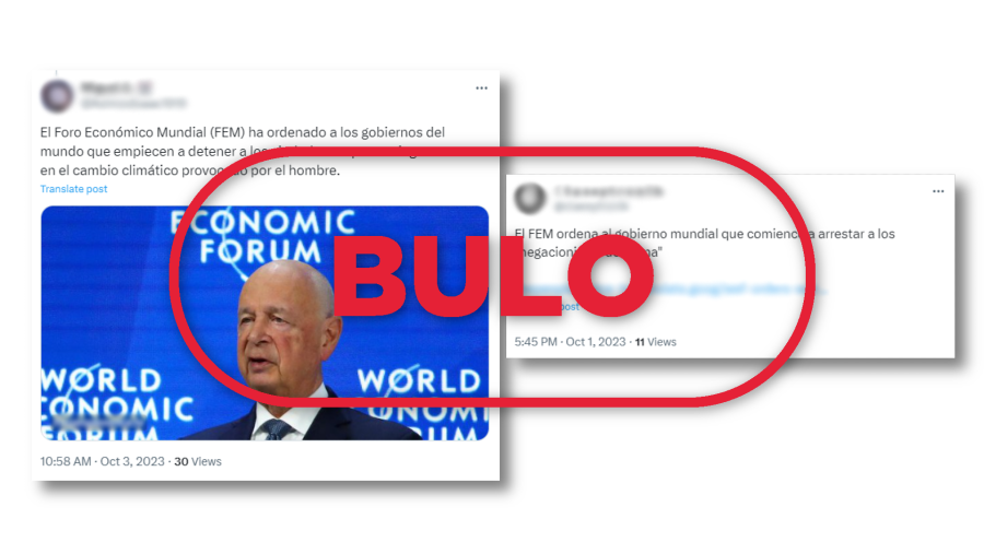 Mensajes que difunden el bulo de que el Foro Económico Mundial ha ordenado a los gobiernos del mundo arrestar a `negacionistas climáticos', con sello Bulo en rojo de VerificaRTVE.