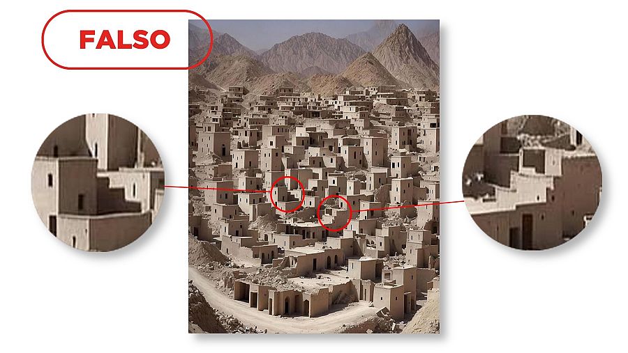 Elementos de la imagen que muestran que está generada con IA, con el sello Falso de VerificaRTVE en rojo