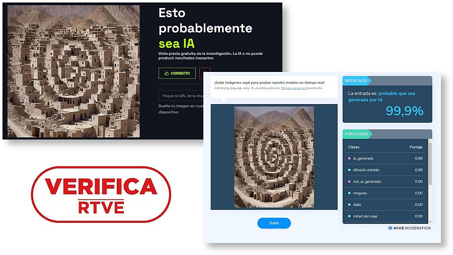 Imágenes de herramientas de detección de contenido generado con IA, con el sello de VerificaRTVE en rojo