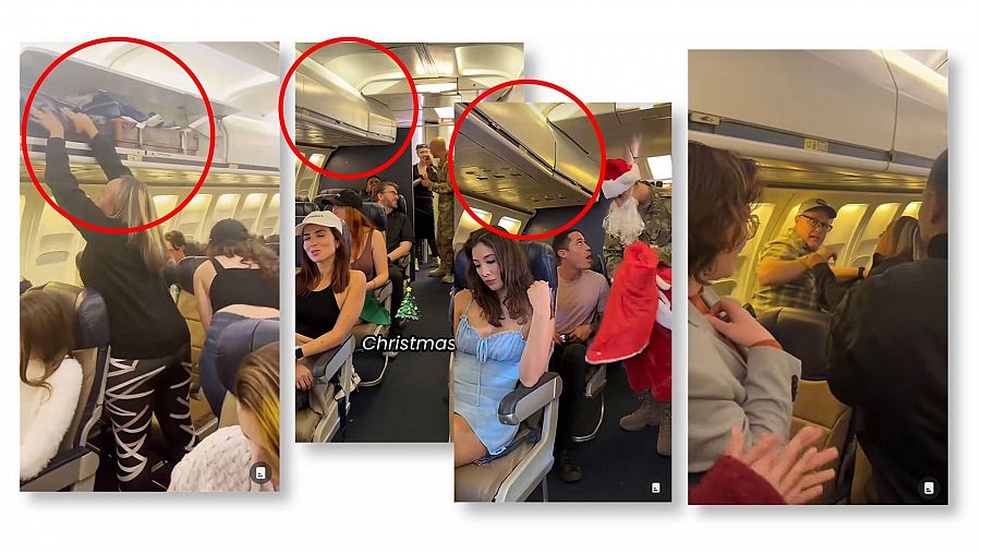 Vídeos de TikTok que muestran el mismo interior de una cabina de avión.