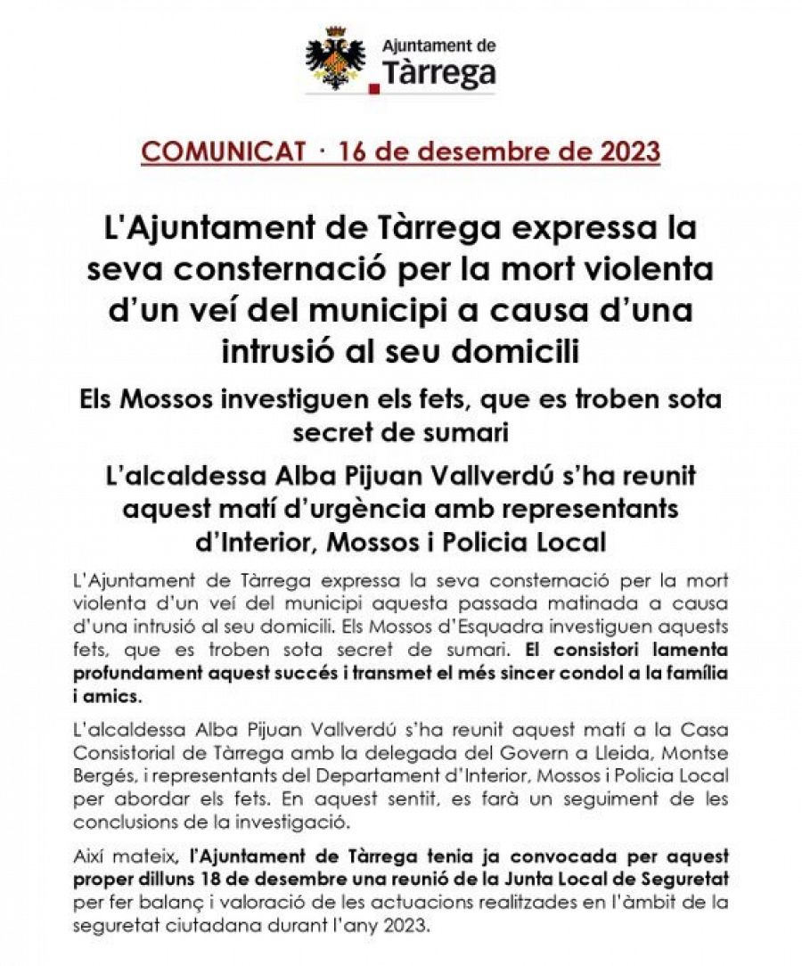 Comunicat de l'Ajuntament de Tàrrega després de l'assassinat d'un veí del municipi