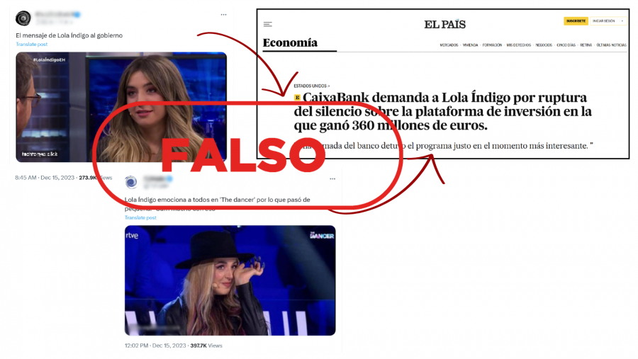 Mensajes de redes que enlazan a un sitio web fraudulento que suplanta al diario El País y utiliza la imagen de la cantante Lola Índigo