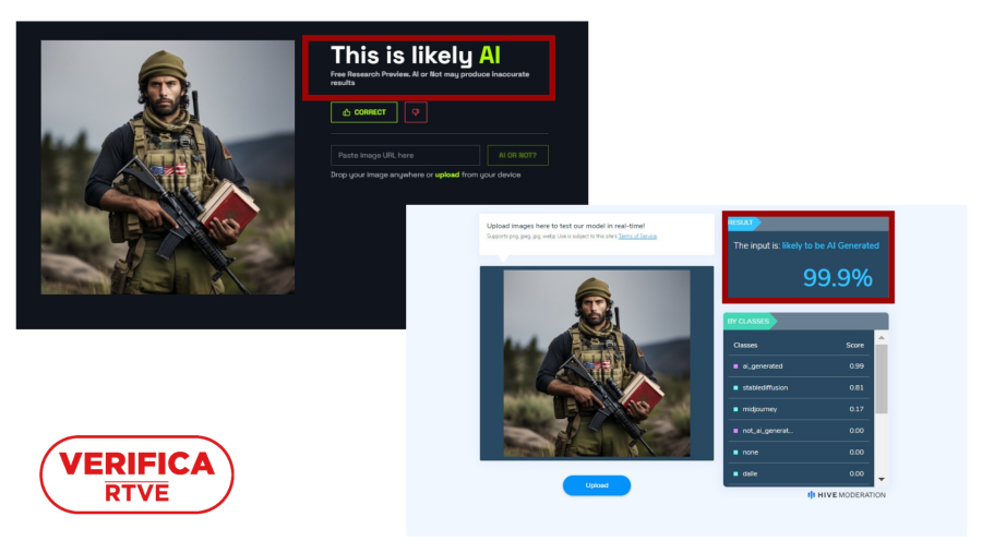 Capturas de herramientas de detección de contenido generado con IA, AI Or Not y Hive que concluyen que la imagen está creada con IA
