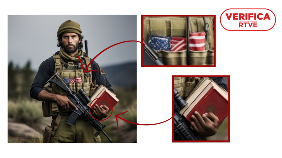 Imagen creada por IA que muestra al hombre con vestimenta militar. En rojo, recuadros que señalan las deformidades presentes en la instantántea, con el sello de VerificaRTVE en rojo