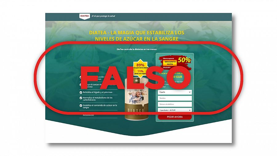 Apariencia de la página web que distribuye DiaTea, el té que promete falsamente ayudar a curar y controlar la diabetes