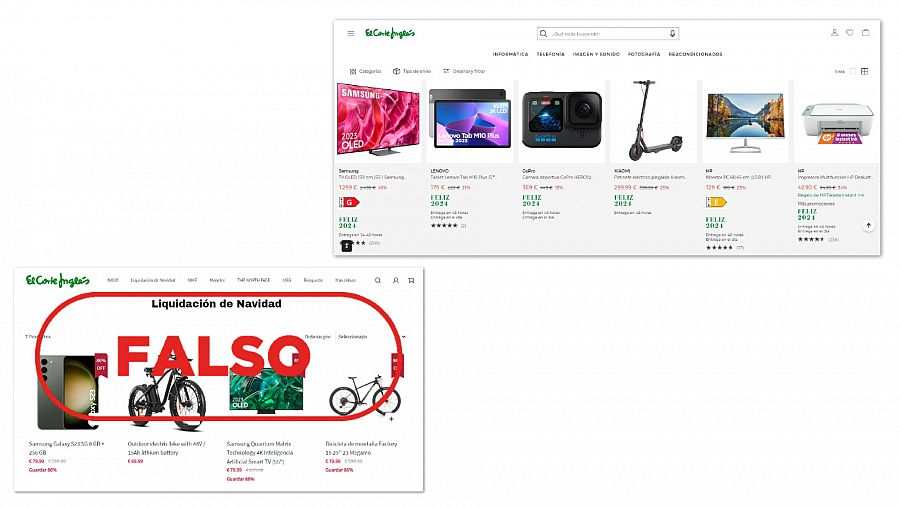 Suplantación de la web de El Corte Inglés: la página oficial frente a la suplantadora con el sello FALSO en color rojo