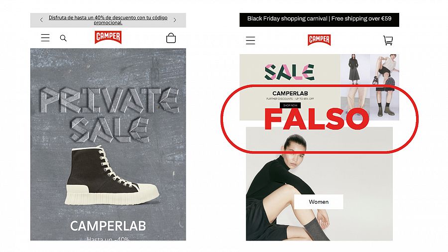 A la derecha, página web que suplanta a Camper. A la izquierda, sitio oficial de la empresa de calzado, con sello Falso en rojo