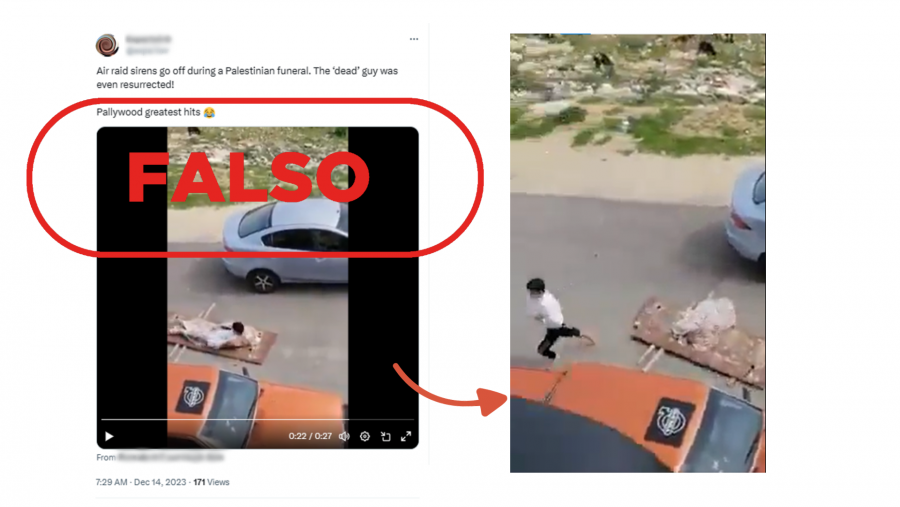 Mensaje de X que comparte el vídeo para difundir la falsa idea de que es un 'falso funeral' de un niño en Palestina en 2023, con el sello Falso en rojo
