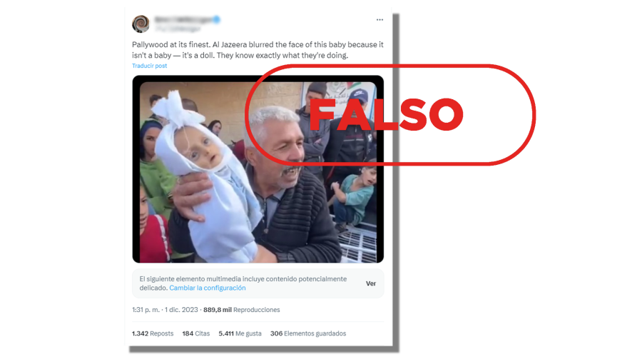 Mensaje de X que difunden un vídeo de un bebé muerto y lo presentan como si fuera un muñeco, con el sello de Falso en rojo