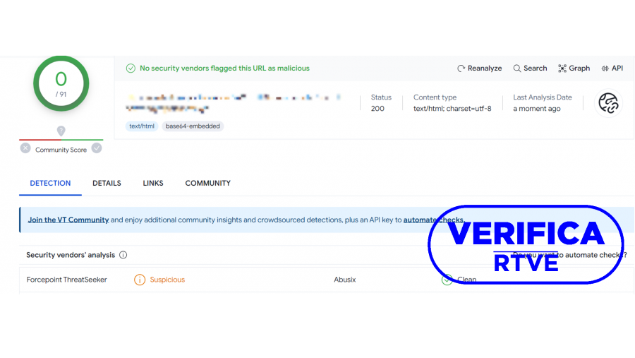 La dirección URL de la página web que difunde este contenido falso se muestra como sospechosa en la herramienta de análisis Virus Total, con el sello VerificaRTVE en azul