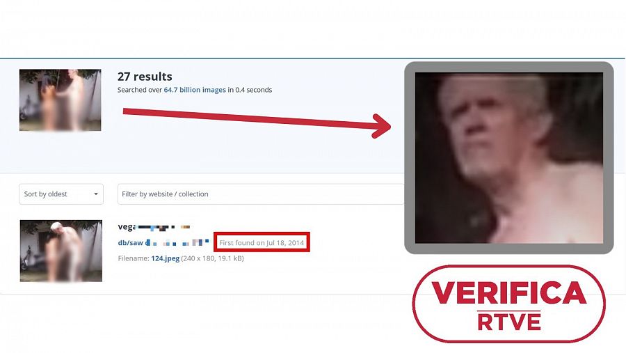 Captura de TinEye que muestra que el vídeo se difunde en páginas de contenido pornográfico desde julio de 2014. A la derecha, la cara ampliada del protagonista de la grabación. Con el sello de VerificaRTVE en rojo