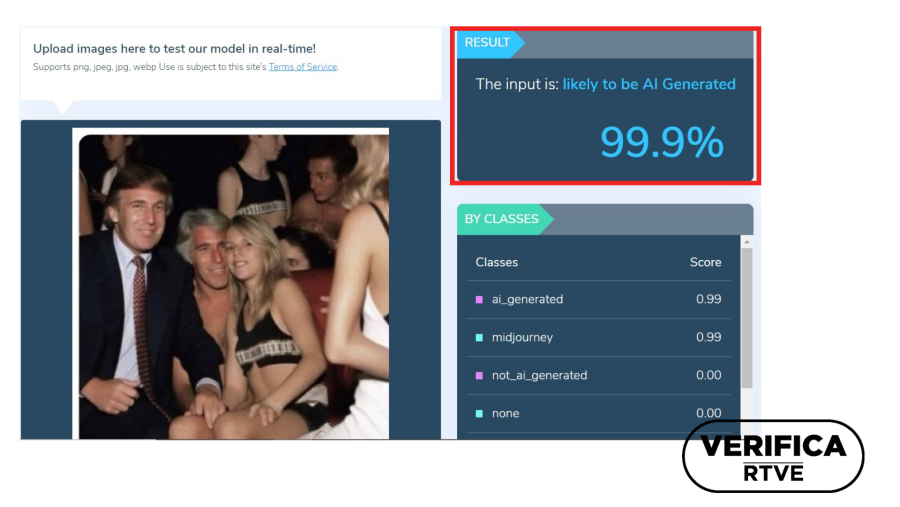 Captura de la herramienta de detección Hive que concluye que la imagen está creada con IA, con el sello de VerificaRTVE en negro