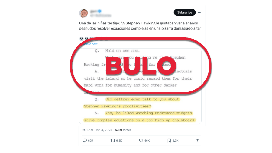 Mensaje de X que difunde el bulo de que los documentos publicados del caso Epstein revelan que a Stephen Hawking le gustaba ver enanos desnudos, con el sello Bulo en rojo