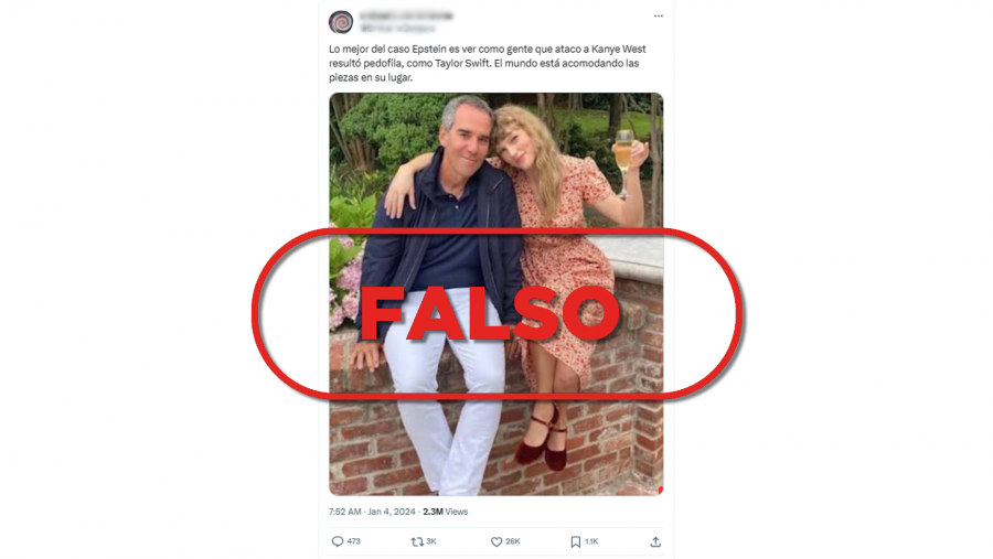 Mensaje de X que difunde la falsa idea de que Taylor Swift aparece en esta imagen junto a Jeffrey Epstein, con el sello Falso en rojo