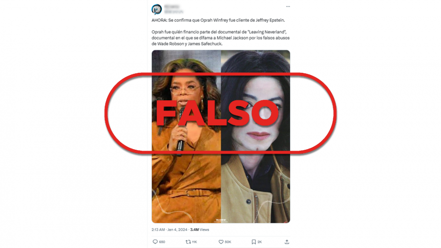 Mensaje de X que difunde la falsa idea de que Oprah Winfrey aparece como clienta de Epstein, con el sello Falso en rojo