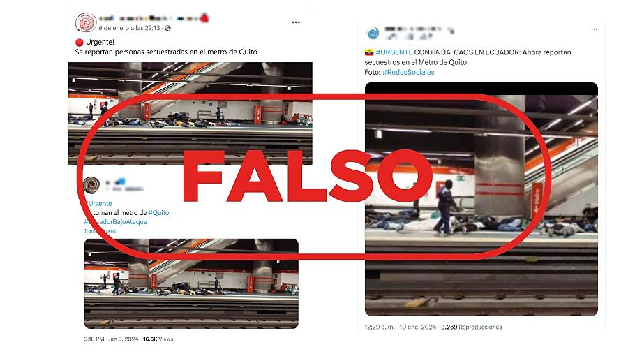 Mensajes que difunden la fotografía de un simulacro de 2023 para presentarla como una imagen real del actual conflicto en Ecuador, con sello Falso en rojo