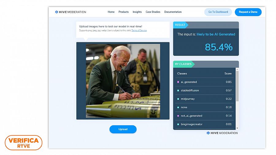Captura de la herramienta de detección de contenido generado con IA, Hive, que concluye que la imagen de Biden está creada con inteligencia artificial. Con el sello VerificaRTVE en color naranja