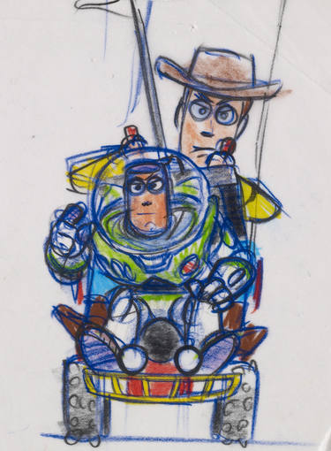 Bob Pauley. Woody y Buzz (Toy Story, 1995). Reproducción a rotulador y lápiz.  