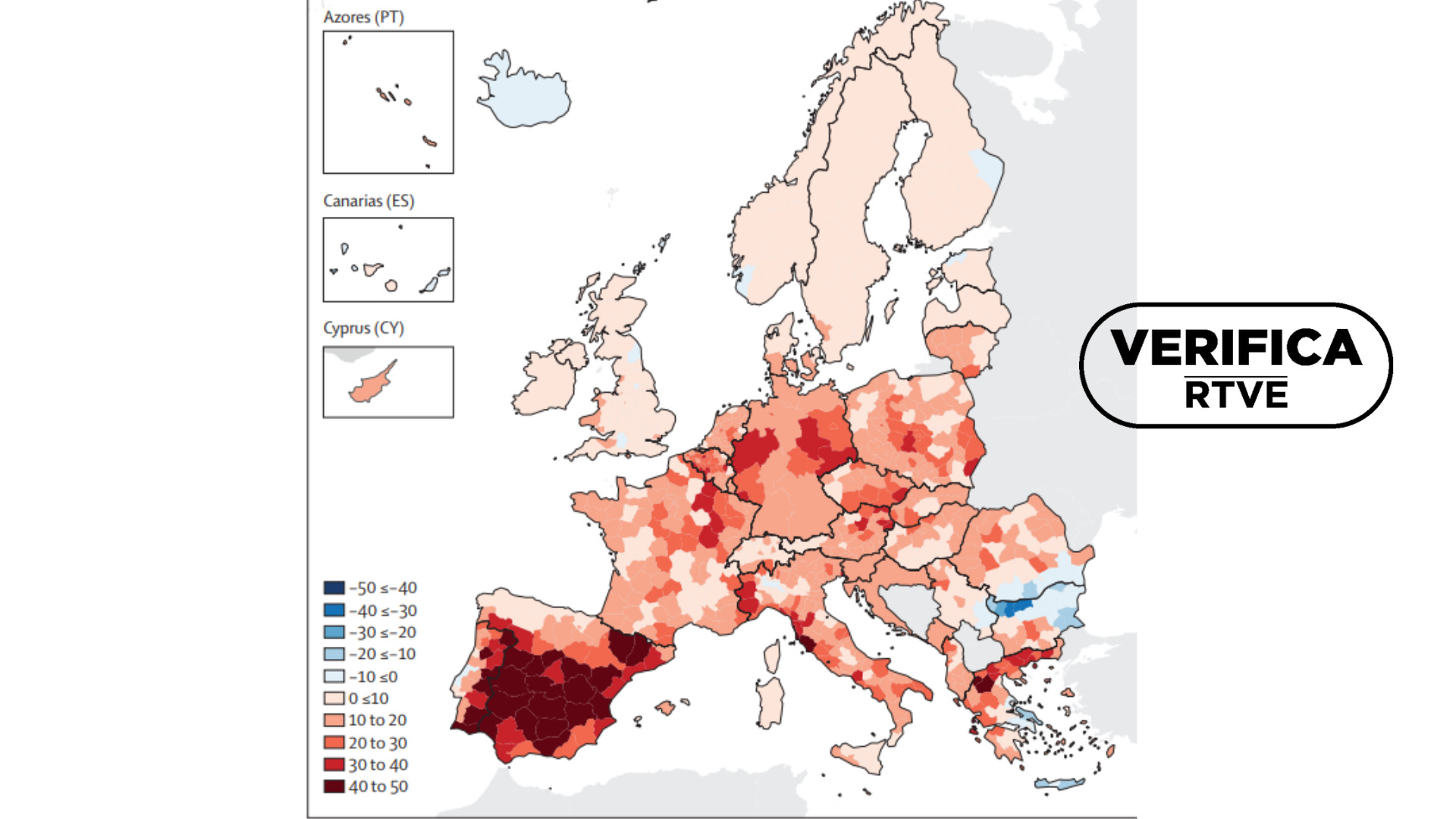 Incidencia en Europa de la mortalidad relacionada con el calor (incremento de muertes anuales por millón por década) para la población general (2000-20) // Fuente: The Lancet , con el sello 'VerififcaRTVE' en negro